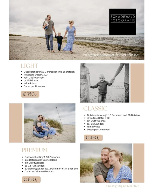 Ich habe euch 3 verschiedene Pakete gestrickt. Ganz einfach und unkompliziert. So habt ihr die Investition für eure Bilder immer im Überblick.  #schadewaldfotografie #lieblingsmensch #wunderschön #portraitphotography #portrait #photography #fotografie #presets #nikon #love #ostfriesland #wittmund #friesland #esens #happypeople #family #strand #nordsee #familyportrait #familyphotographer